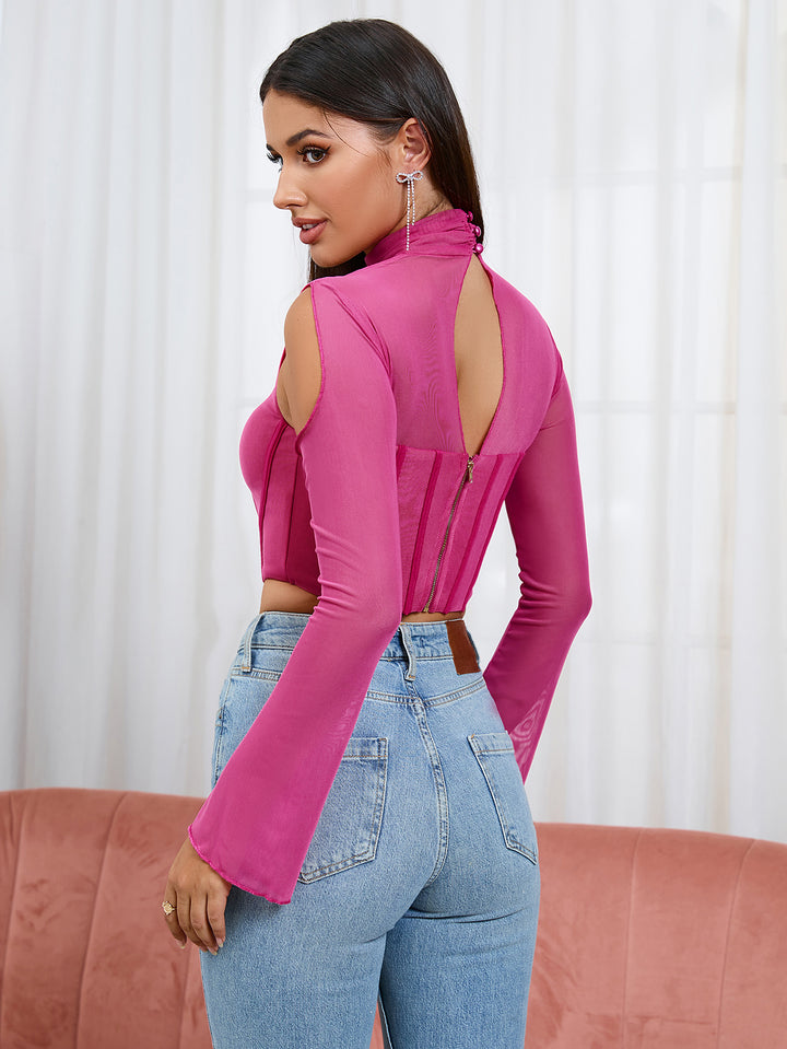 bell sleeve boning cut out mesh corset top#color_hotpink