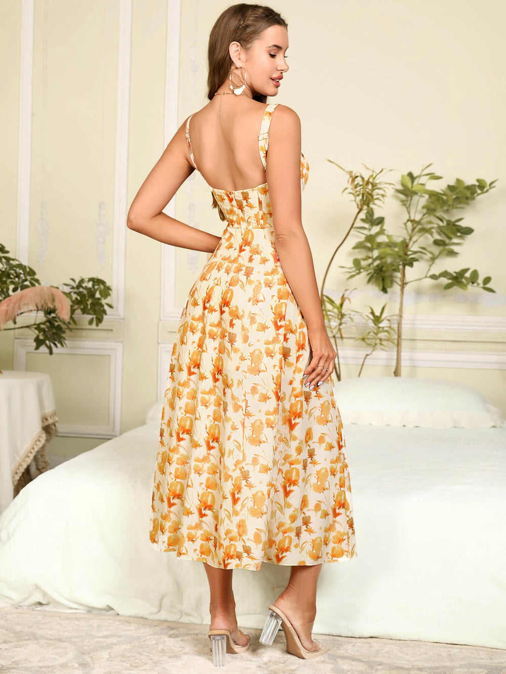 allover floral print cami dress yellow back#color_yellow