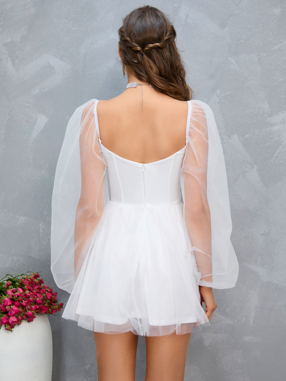 sweetheart neck lantern sleeve mesh overlay bustier dress white back#color_white