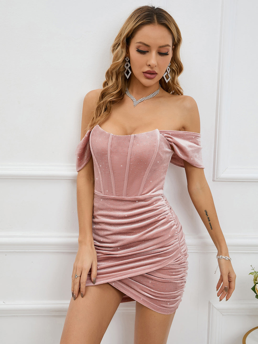 off shoulder ruched bodycon corset dress pink side#color_pink