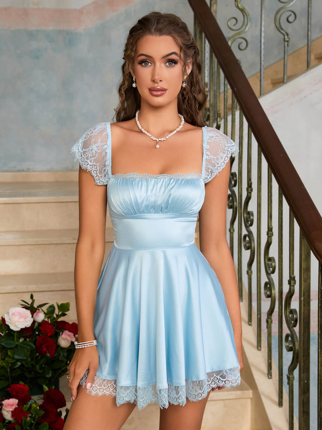 contrast lace blue ruched bust dress#color_blue