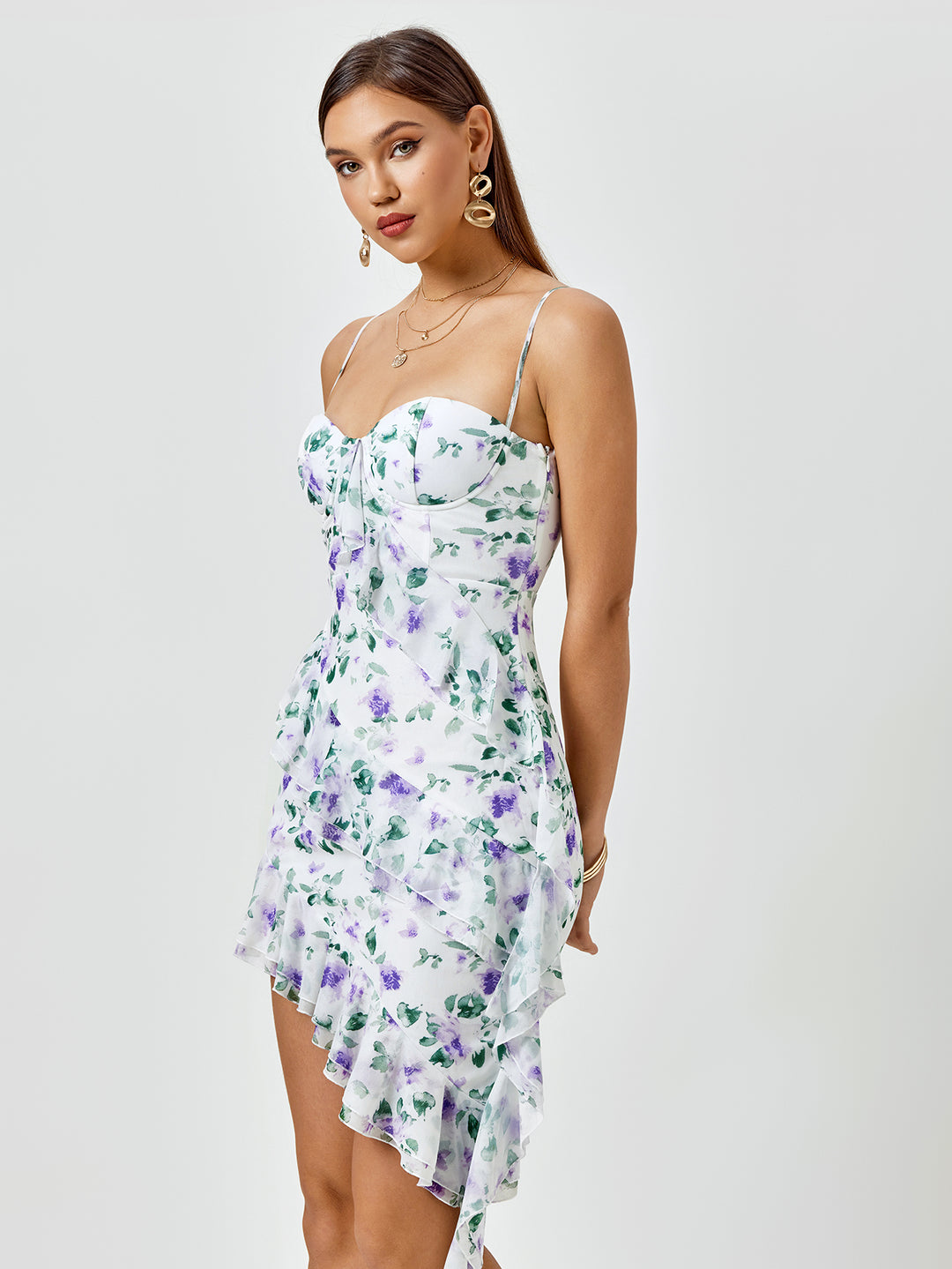 asymmetrical hem ruched corset floral dress#color_print