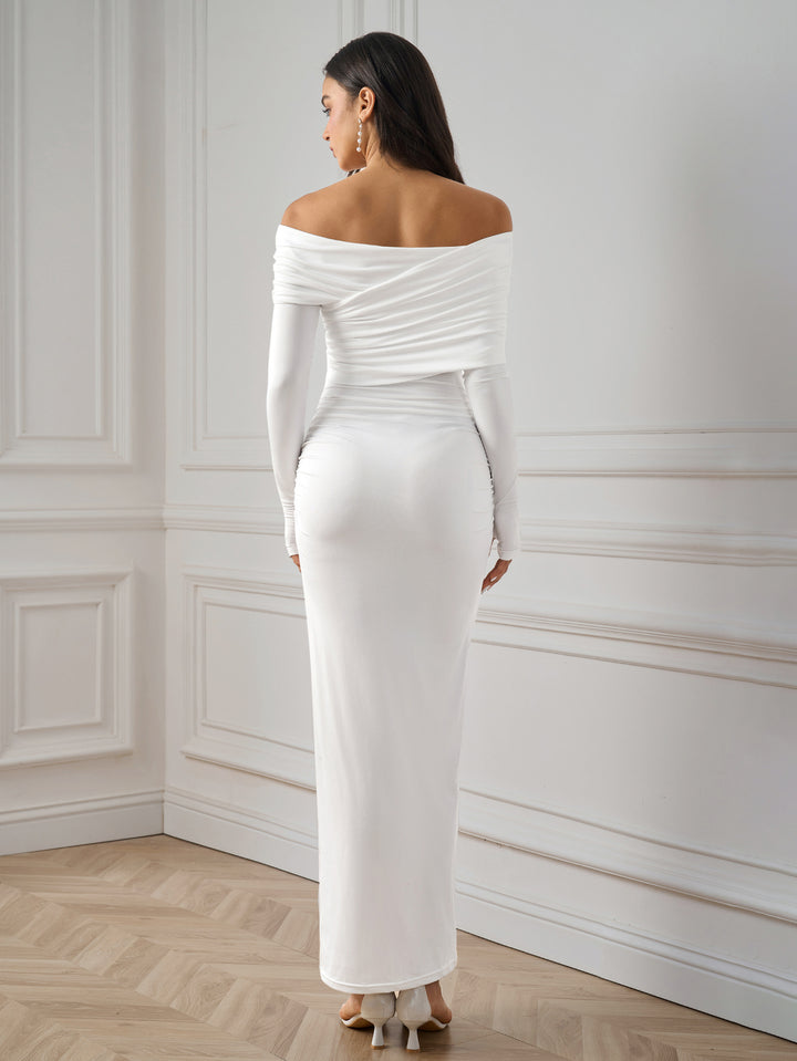 ruched asymmetrical shoulder backless bodycon dress#color_white