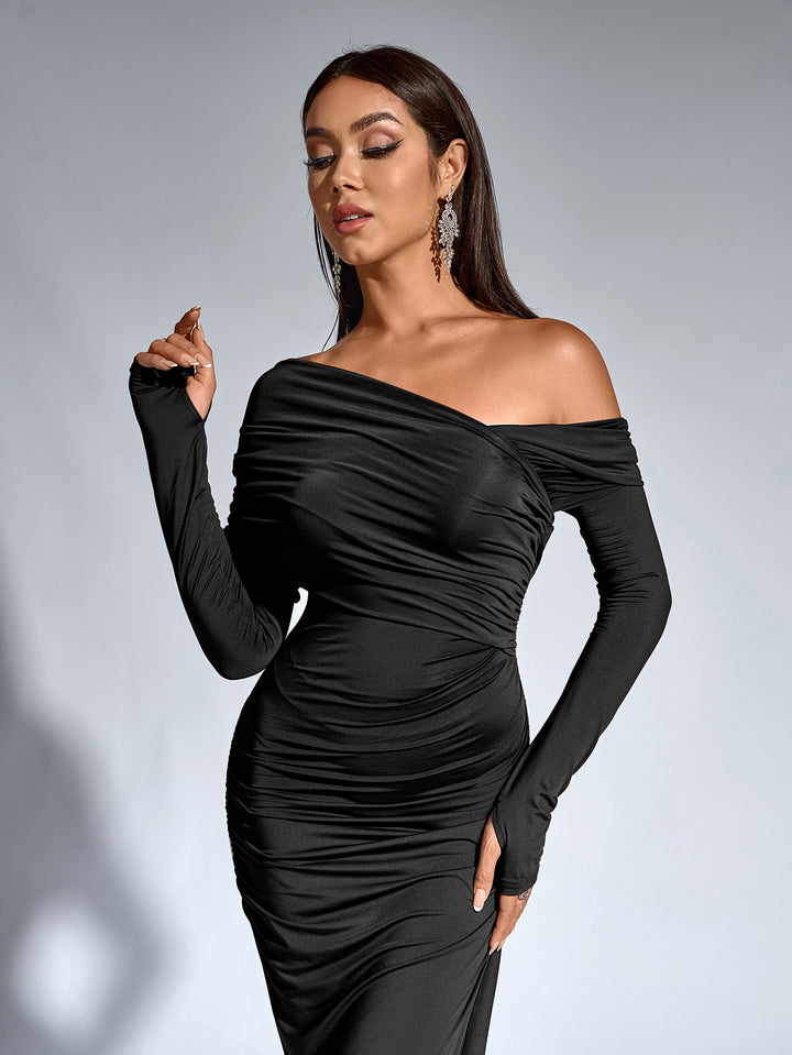 backless ruched asymmetrical shoulder bodycon dress#color_black