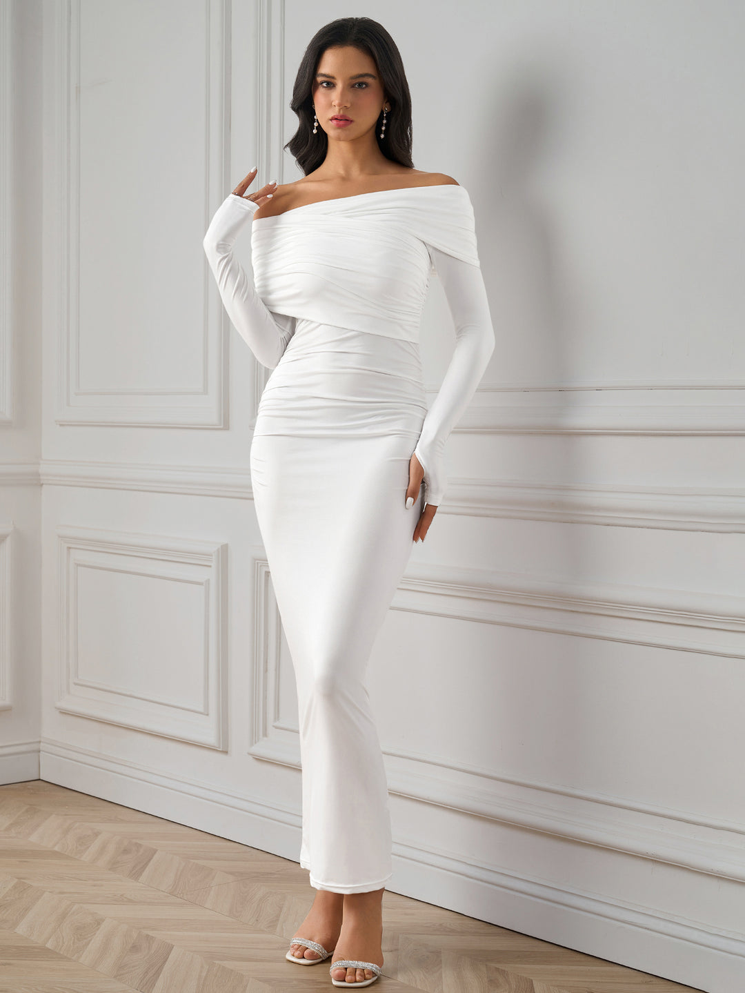 asymmetrical shoulder ruched backless bodycon dress#color_white