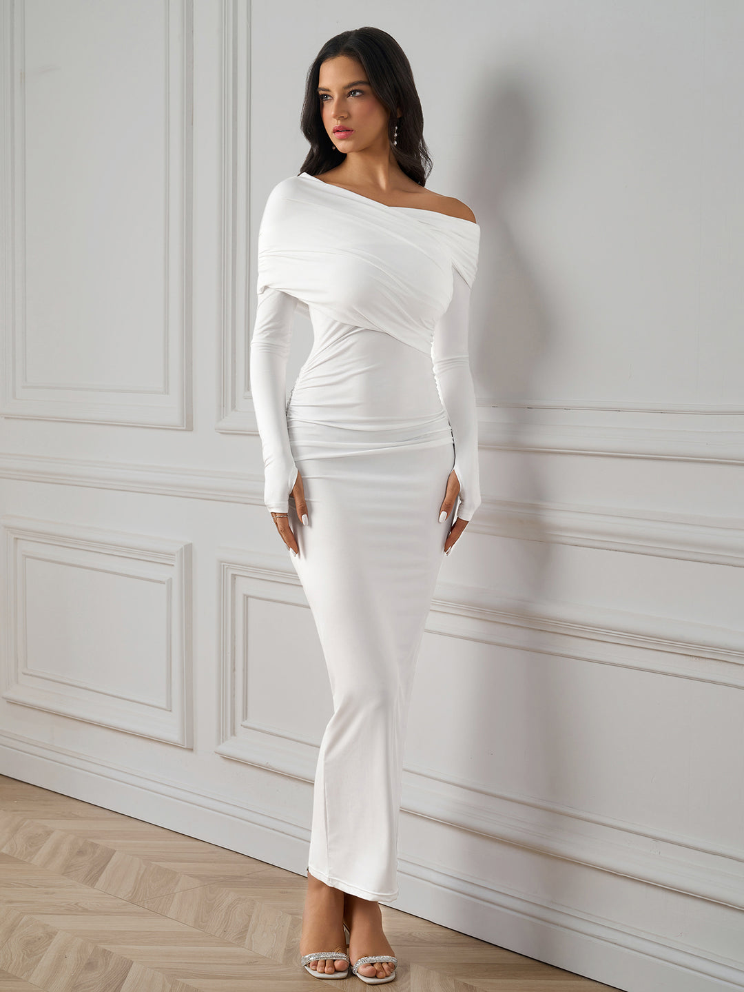 backless asymmetrical shoulder ruched bodycon dress#color_white