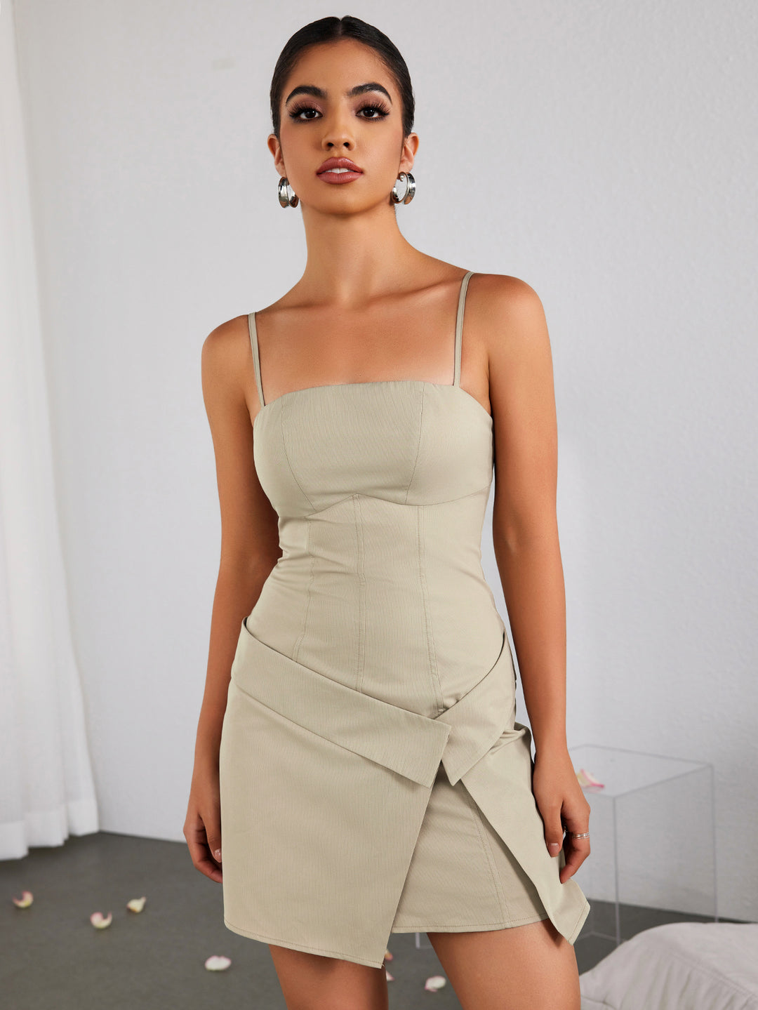 zipper asymmetrical hem backless mini dress#color_khaki