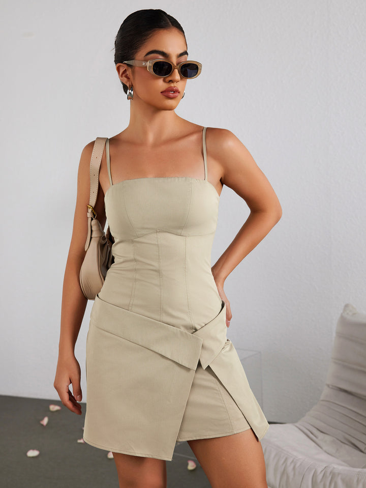 backless asymmetrical hem mini dress#color_khaki