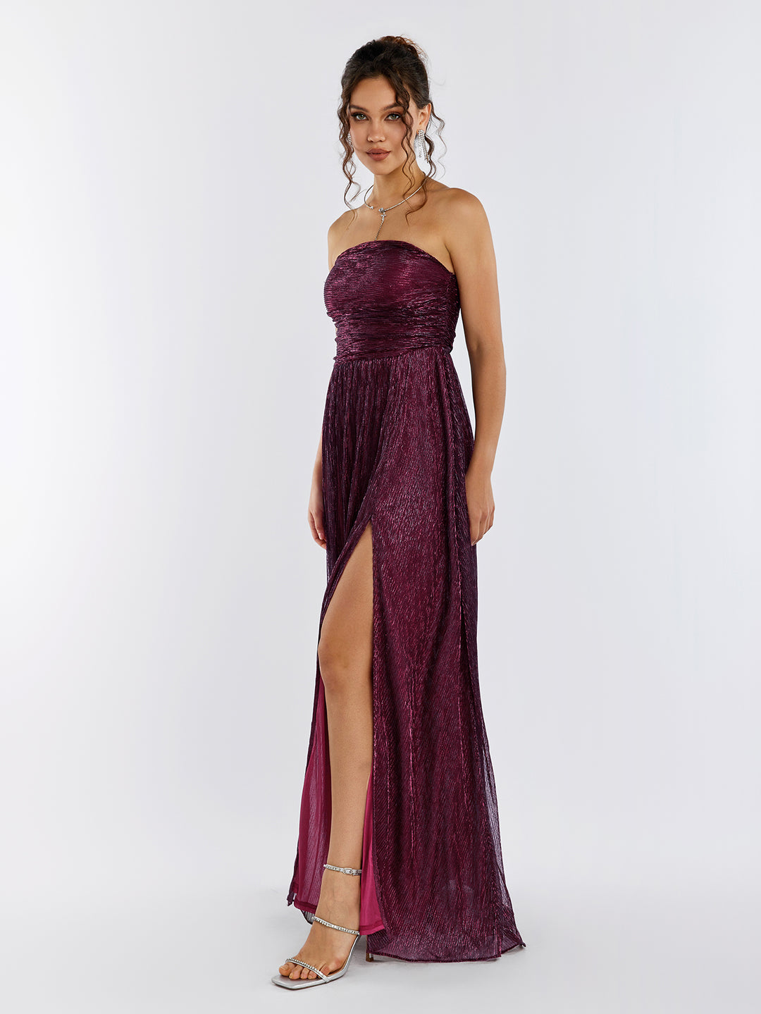 backless tube glitter maxi dress#color_wine