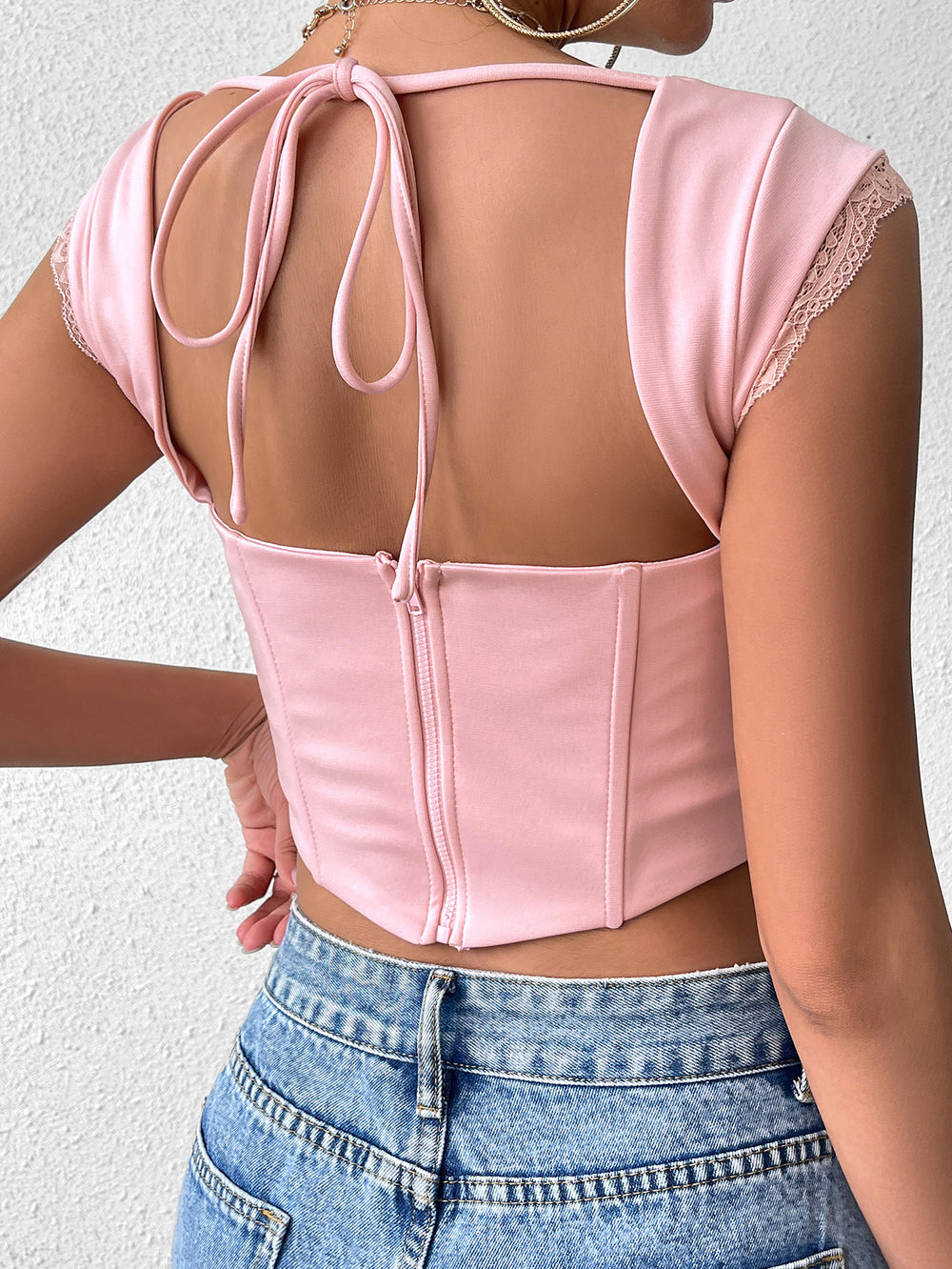 lace spliced backless boning corset crop top#color_pink