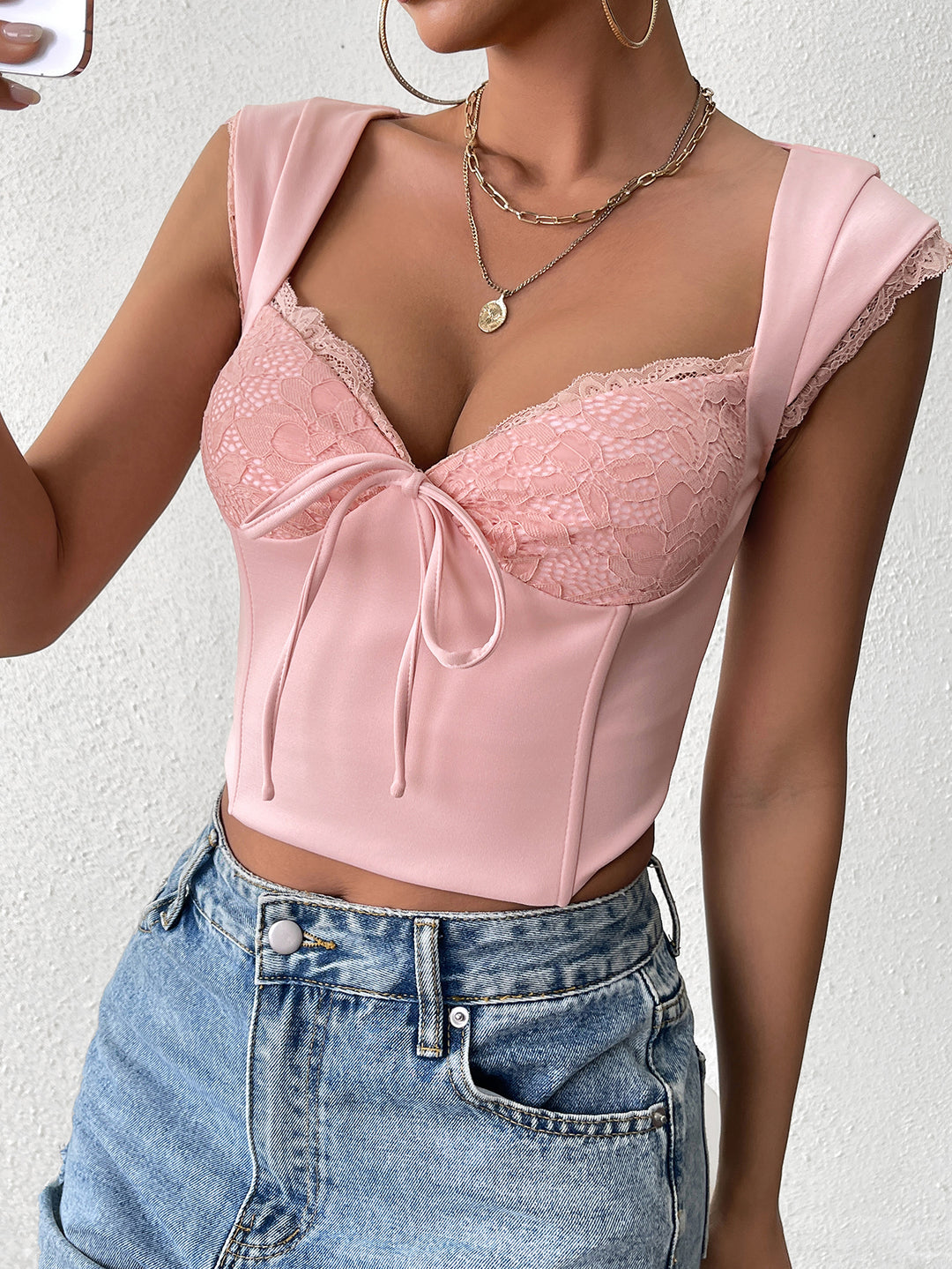 backless boning corset lace spliced crop top#color_pink