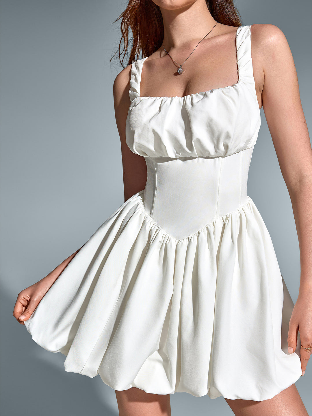 bodycon pleated hem backless cami dress#color_white