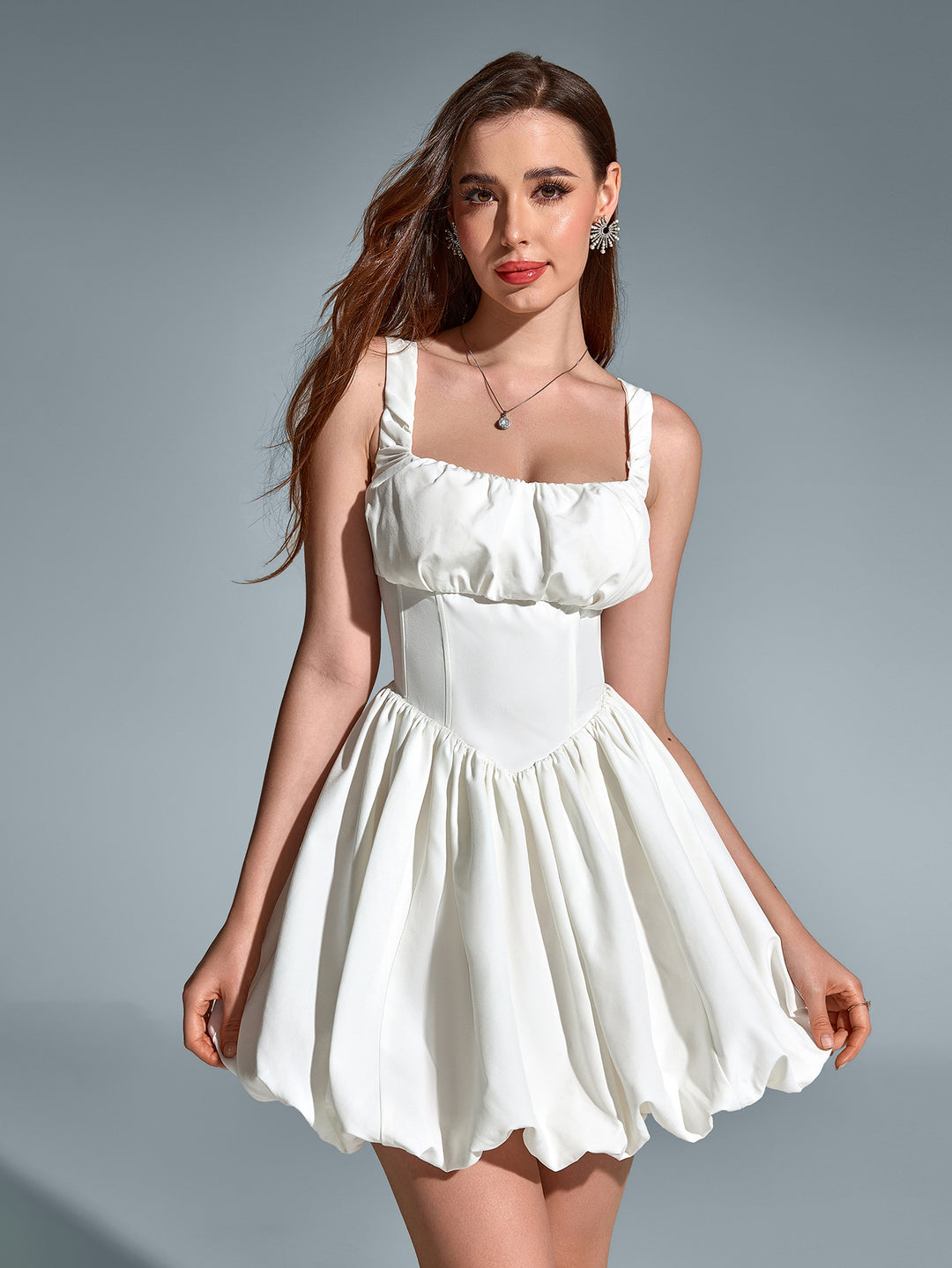 bodycon backless pleated hem cami dress#color_white