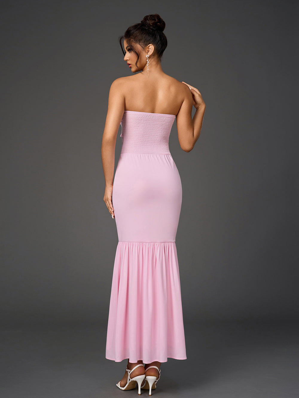 ruffle trim backless ruched bodycon tube dress#color_pink