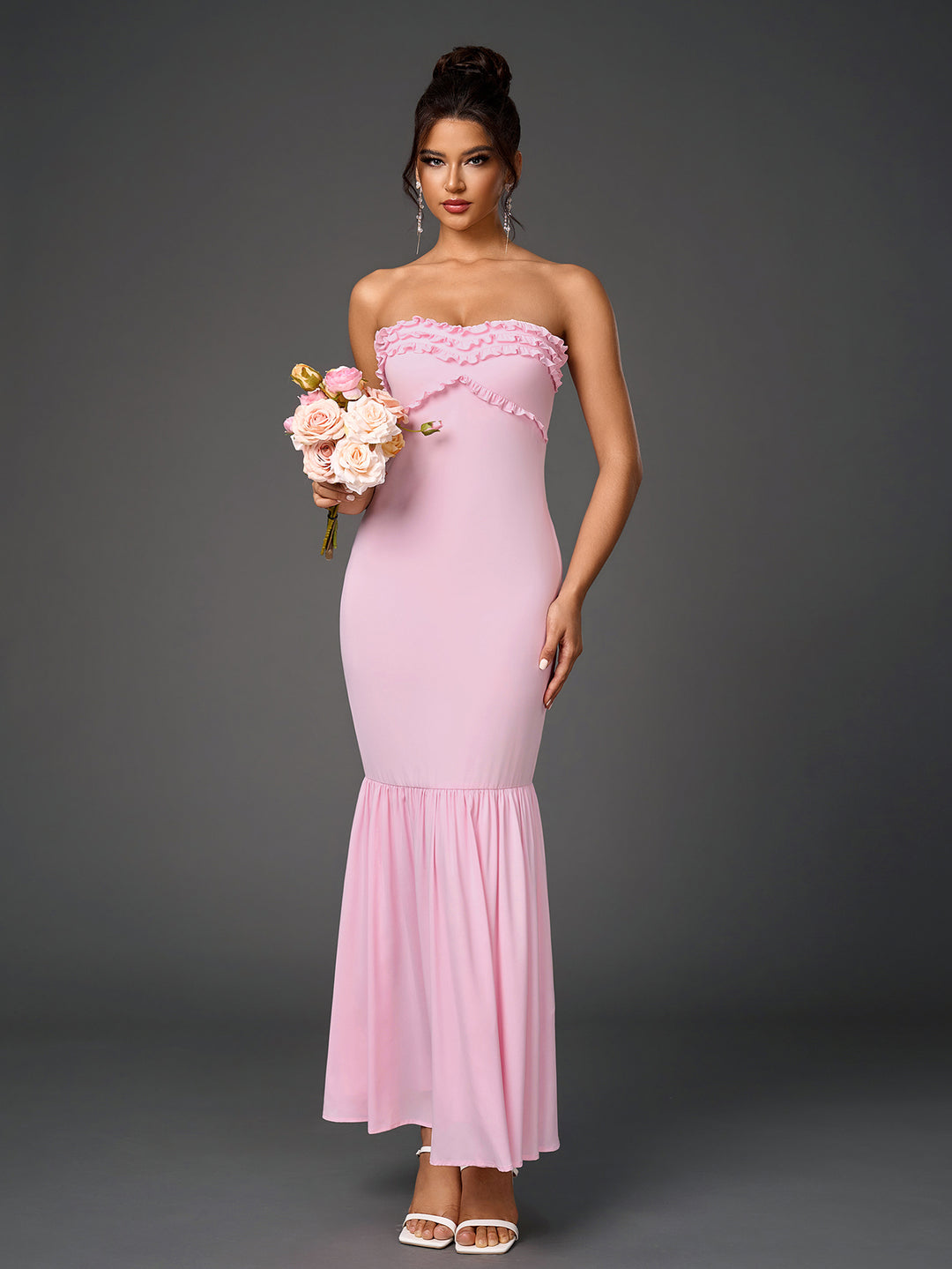 backless ruffle trim ruched bodycon tube dress#color_pink