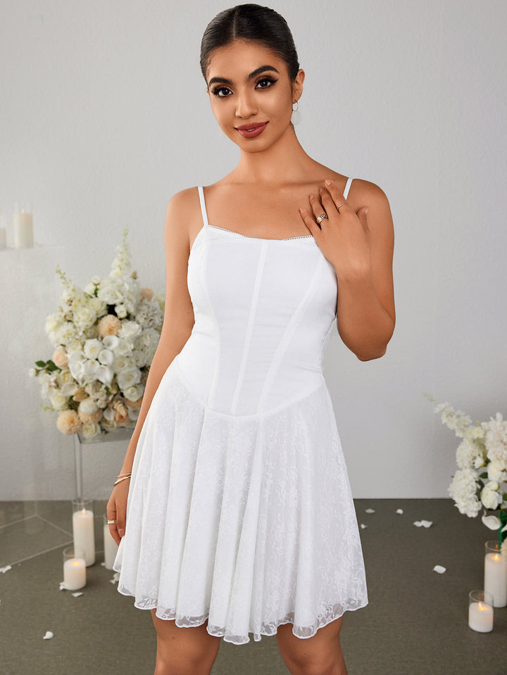 patchwork lace hem satin backless cami dress#color_white