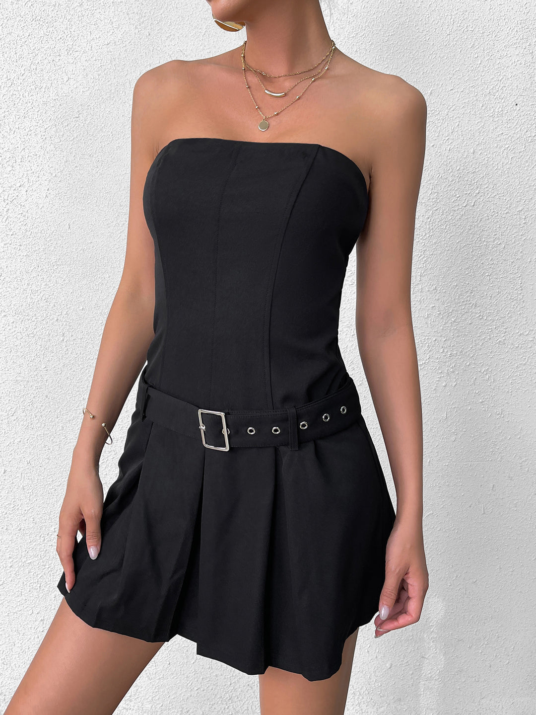 belt bodycon pleated tube dress#color_black