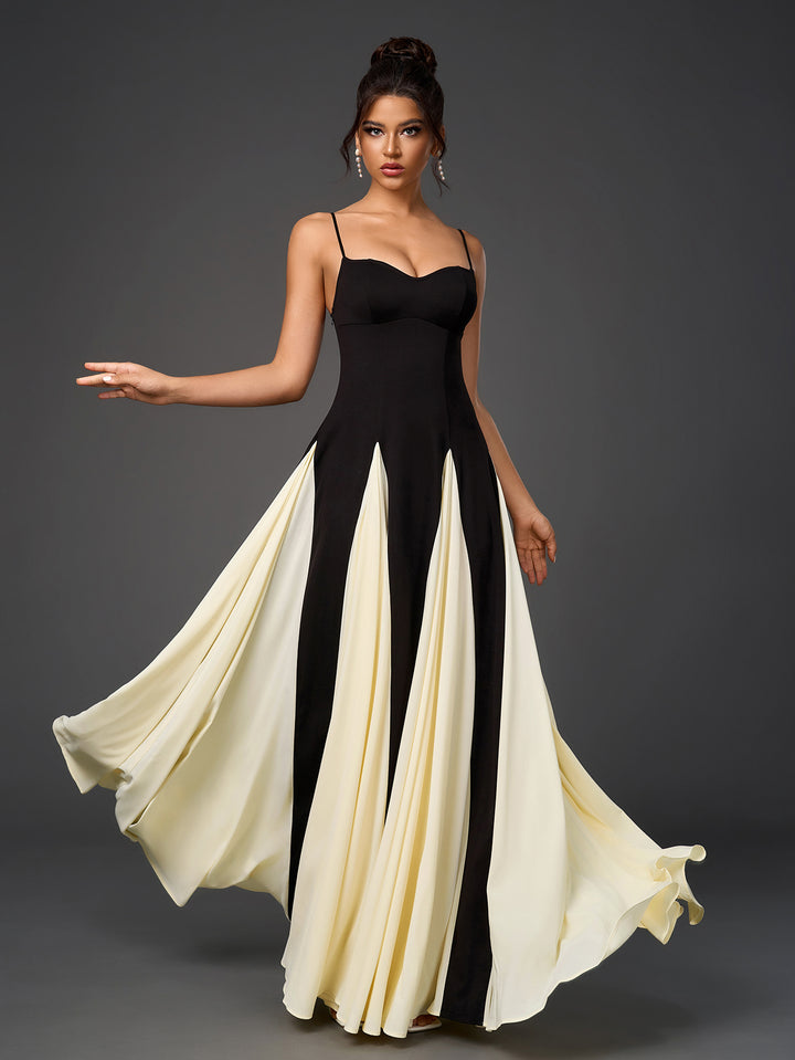 backless maxi black and white contrast slip dress#color_black