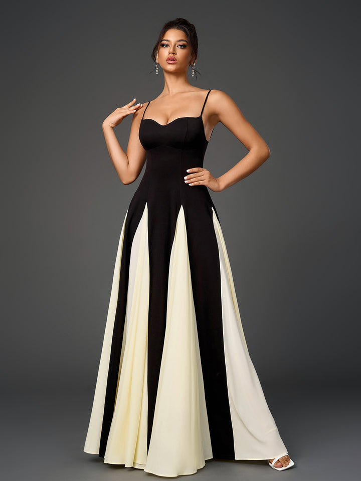 black and white contrast maxi backless slip dress#color_black