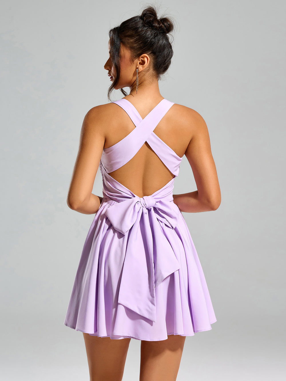 embellished trim bow tie back ruched dress#color_lilac