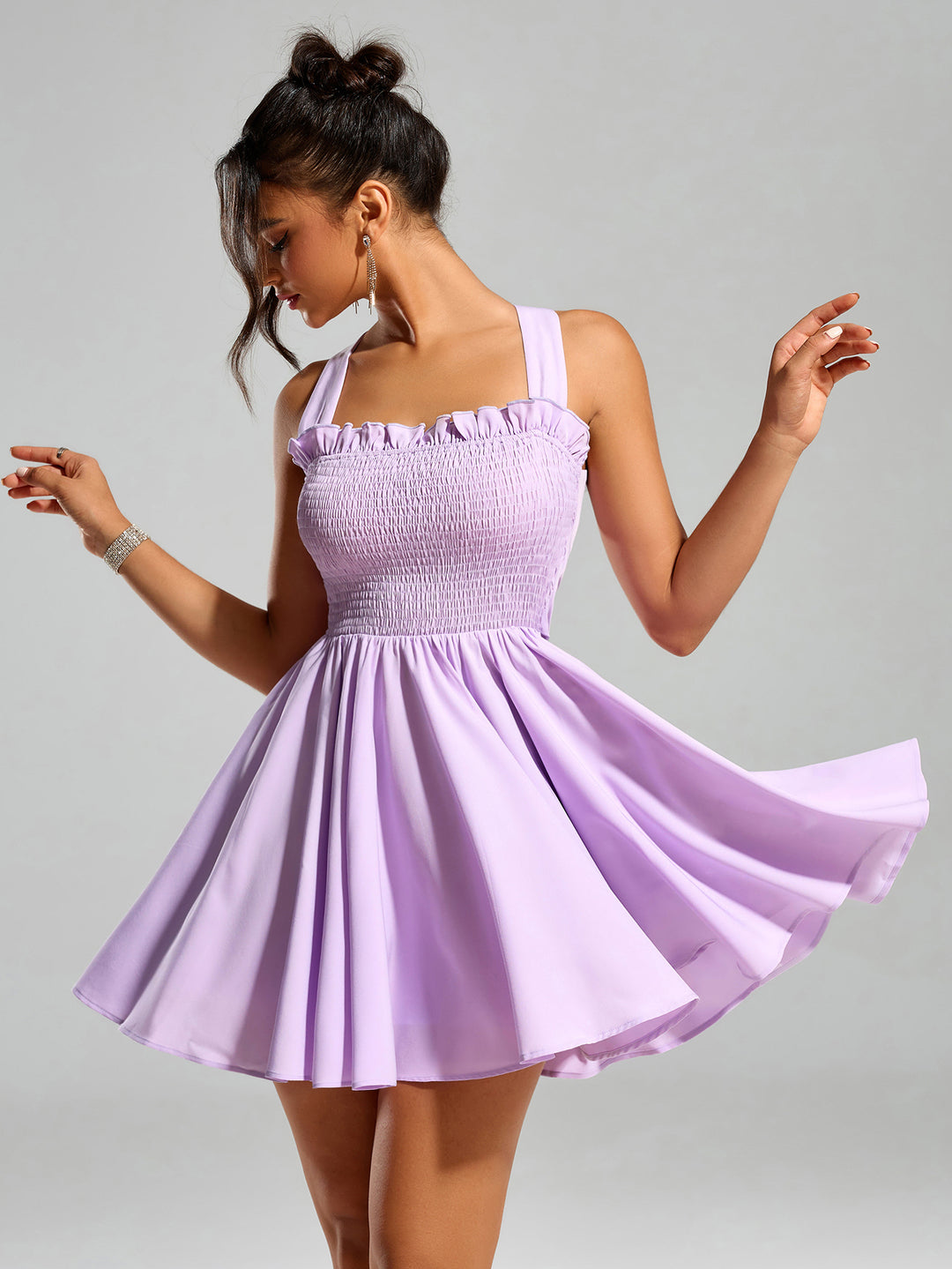 ruched embellished  trim bow tie back dress#color_lilac