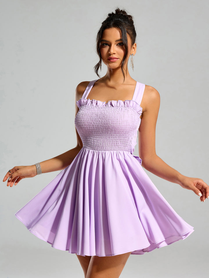 bow tie back embellished trim ruched dress#color_lilac