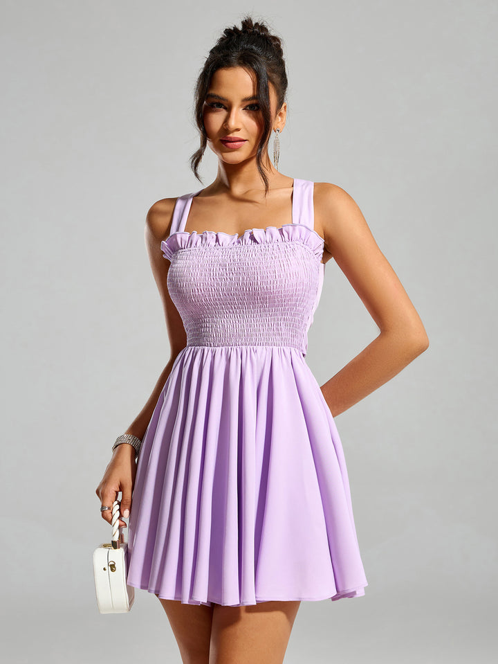 bow tie back ruched embellished trim dress#color_lilac