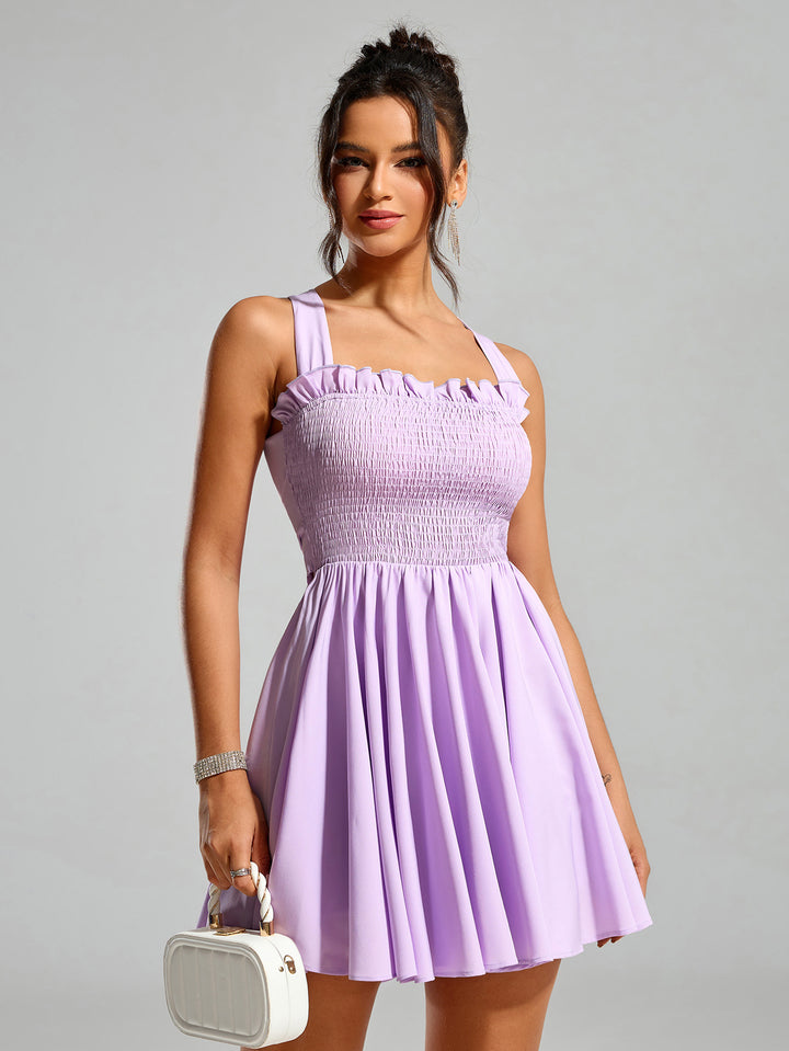 ruched bow tie back embellished trim dress#color_lilac