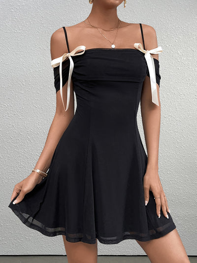 bow tie mesh backless mini dress#color_black