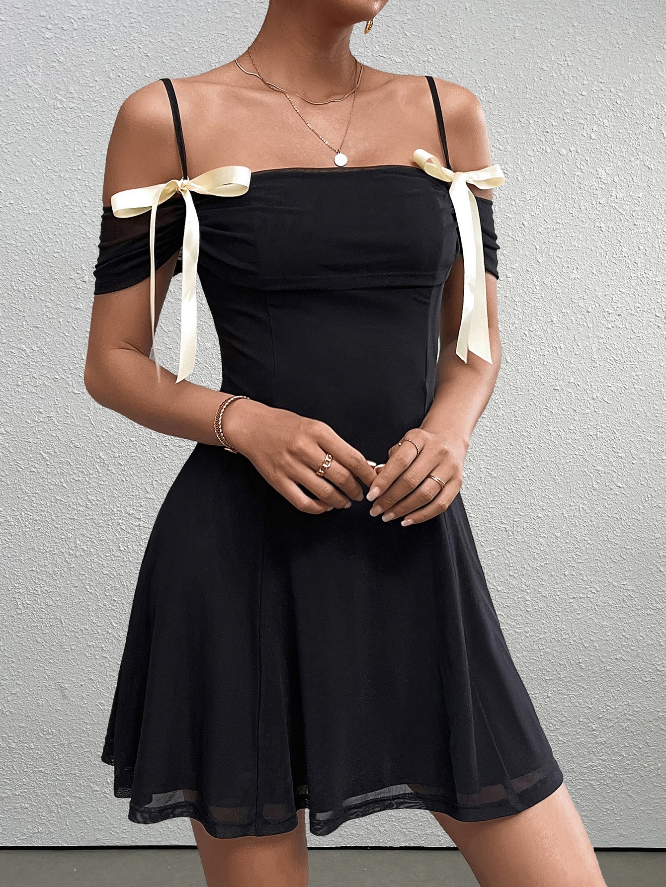 backless bow tie mesh mini dress#color_black