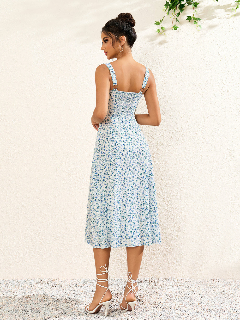 ruched button bust floral print midi dress#color_blue