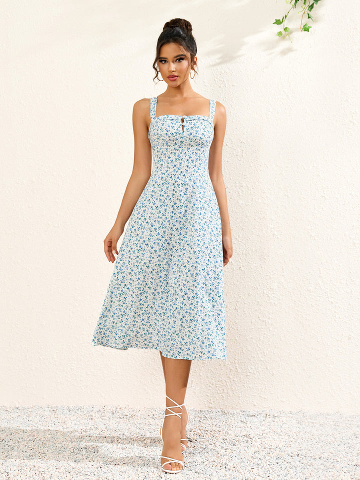 ruched floral print button bust midi dress#color_blue