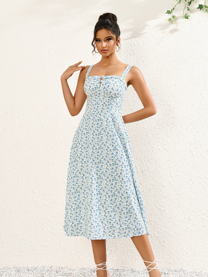 button bust ruched floral print midi dress#color_blue