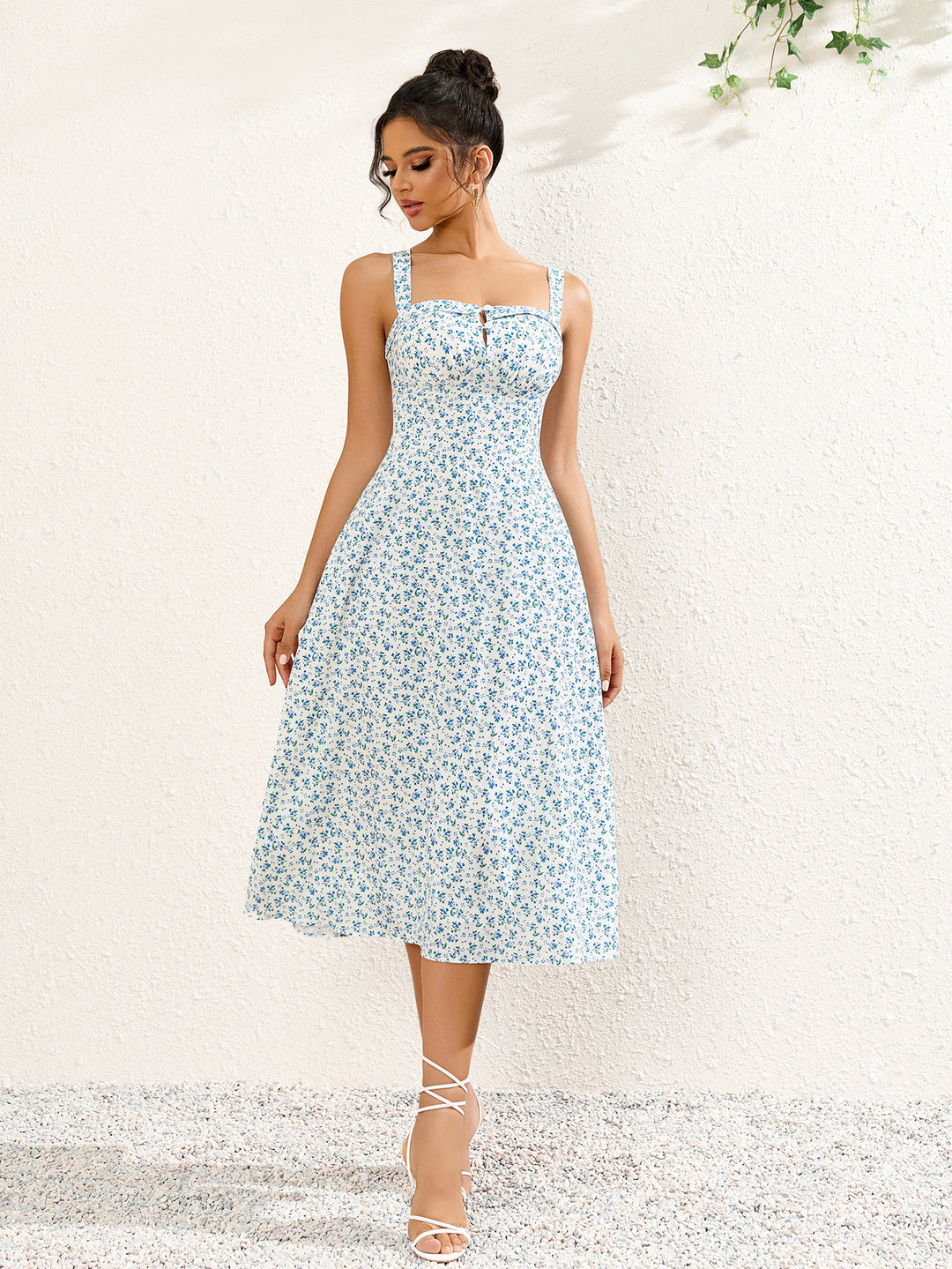 floral print button bust ruched midi dress#color_blue