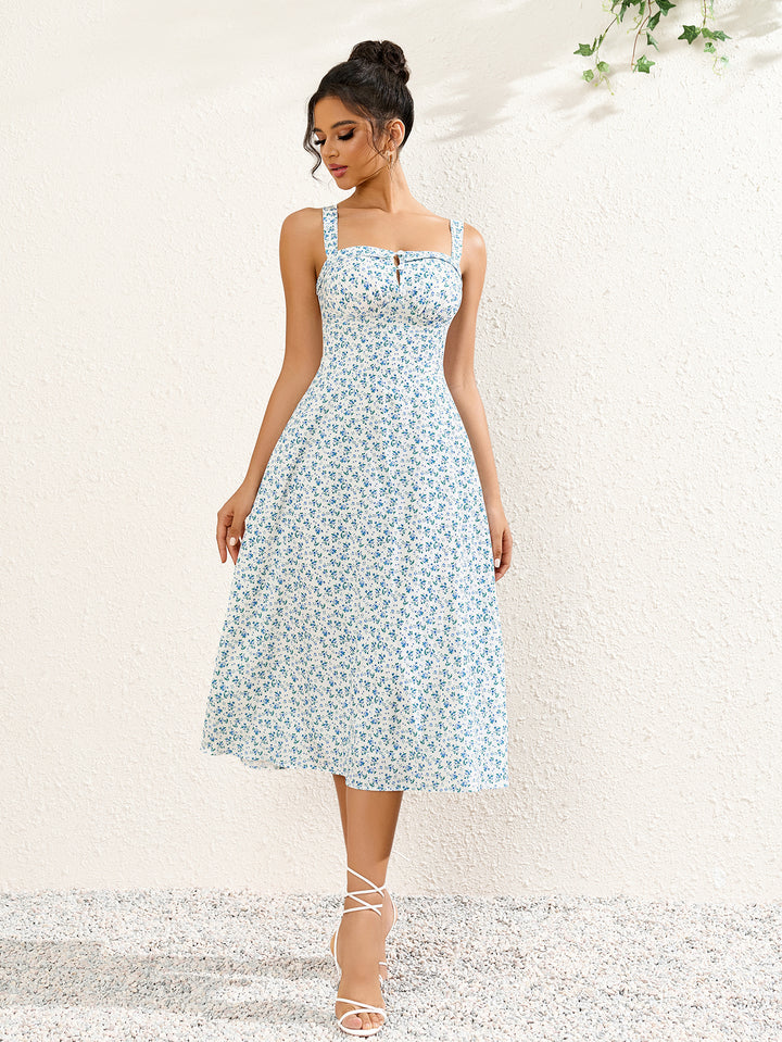 floral print button bust ruched midi dress#color_blue