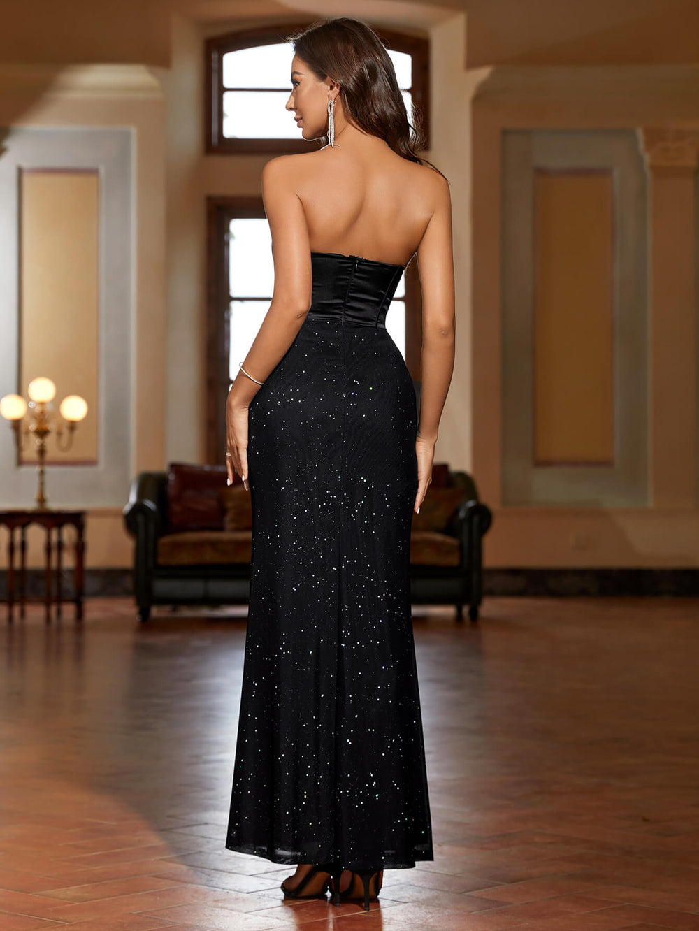 satin contrast sparkly mermaid tube dress#color_black