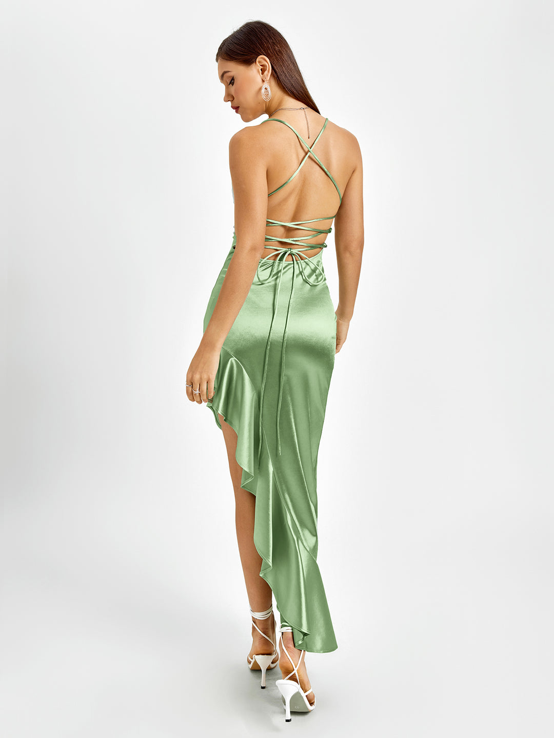 asymmetrical hem crisscross back satin dress#color_mint