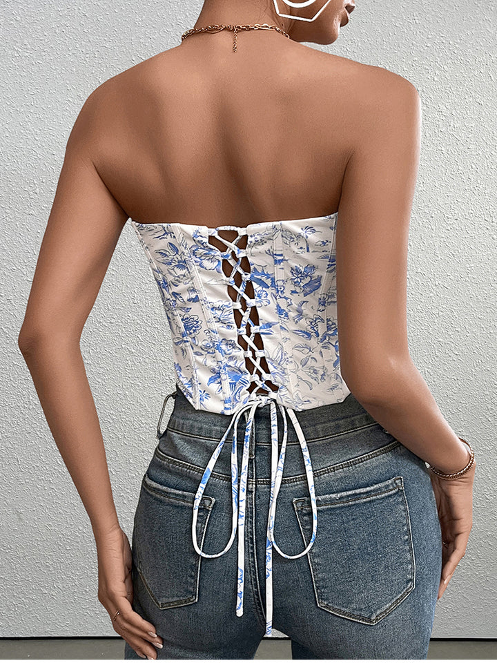 floral crisscross back print tube top#color_whiteb