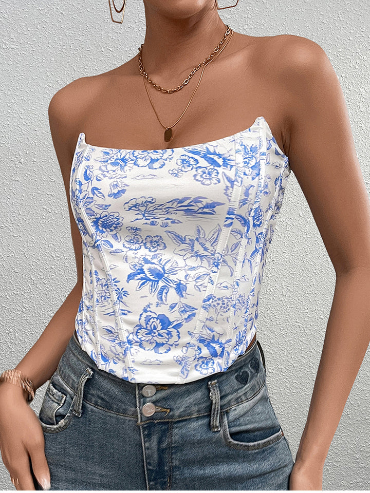 floral print crisscross back tube top#color_whiteb