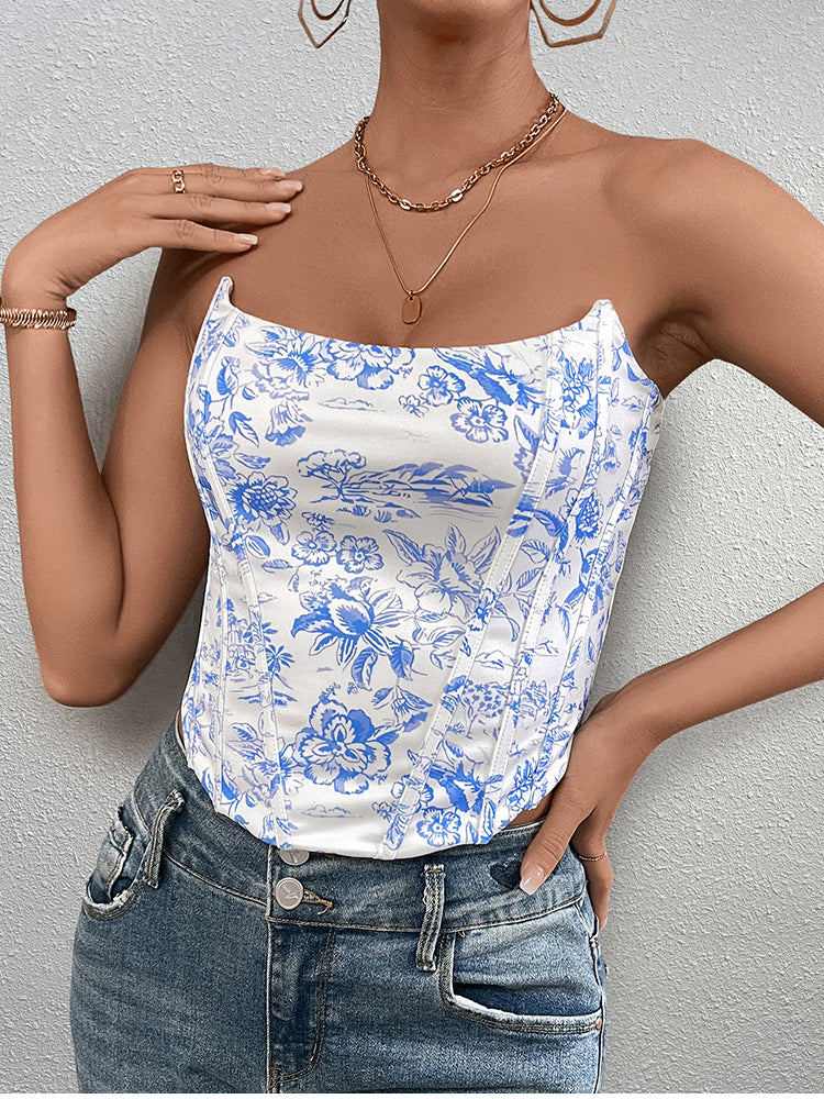 print crisscross back floral tube top#color_whiteb