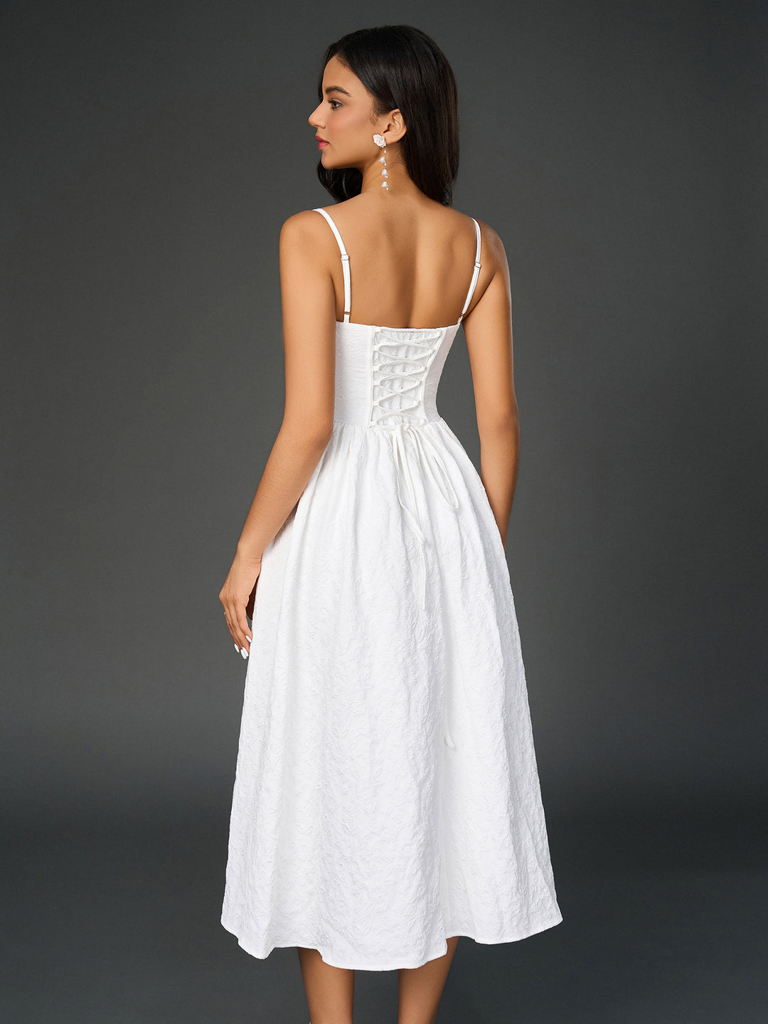 jacquard crisscross back solid cami dress#color_white