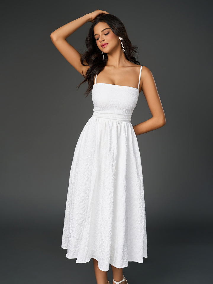 crisscross back solid jacquard cami dress#color_white