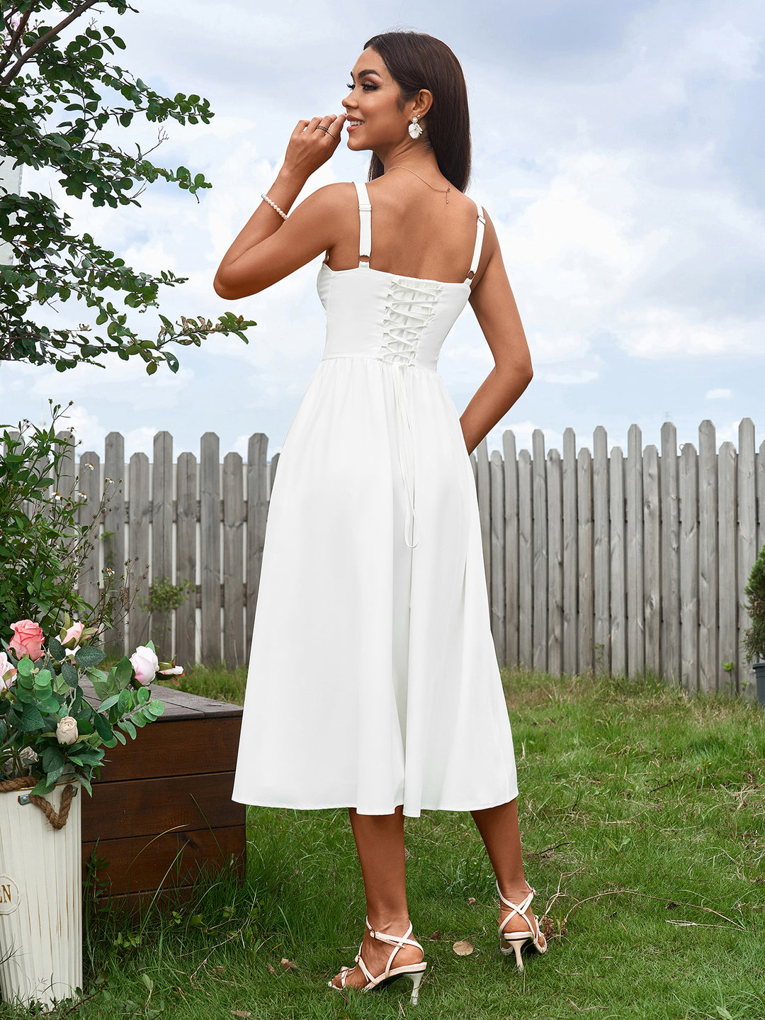 ruched corset crisscross tie back split dress#color_white