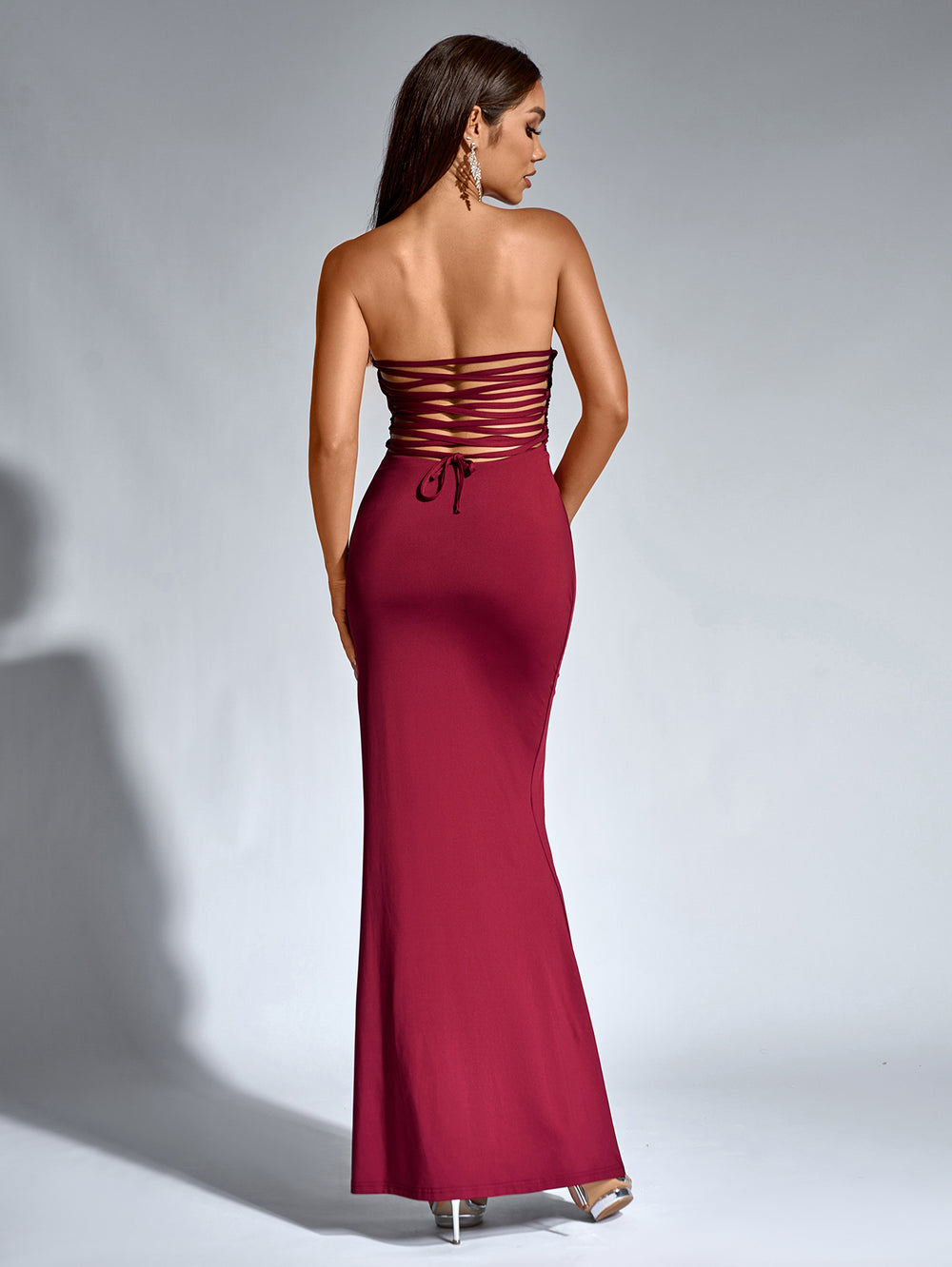 split thigh crisscross tie back ruched tube dress#color_wine