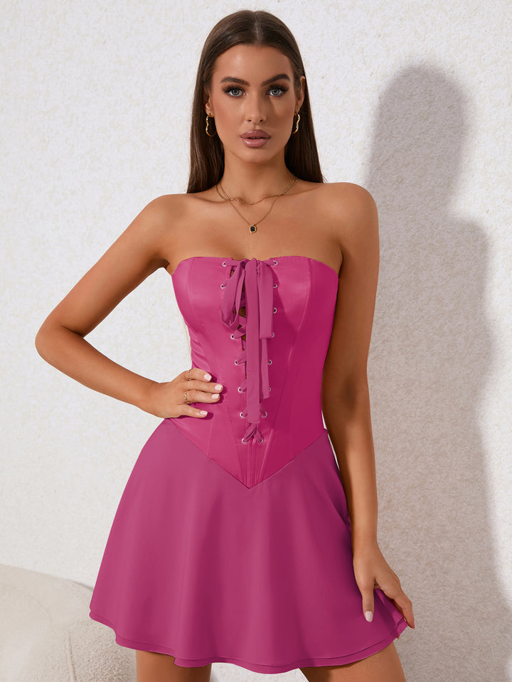 crisscross tie front corset tube mini dress#color_hotpink