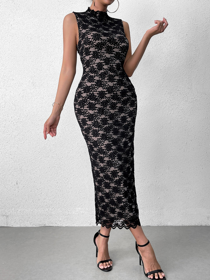 lace embroidery cut out backless maxi dress#color_black