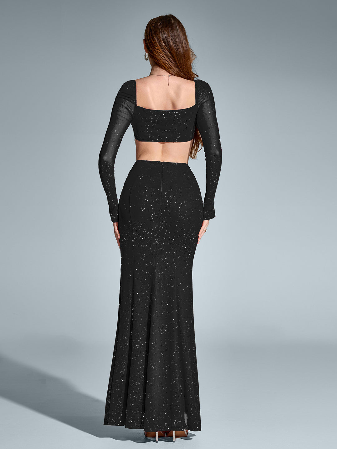 backless cut out split thigh mermaid hem glitter dress#color_black