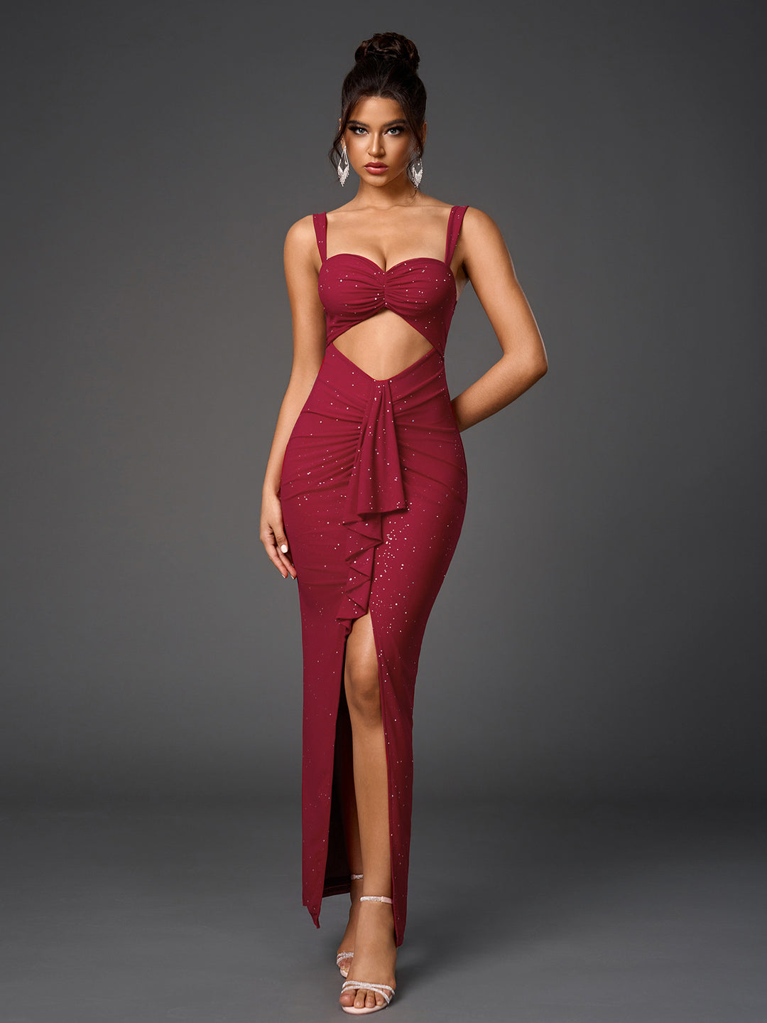 cut out flounce trim ruched glitter mesh dress#color_wine