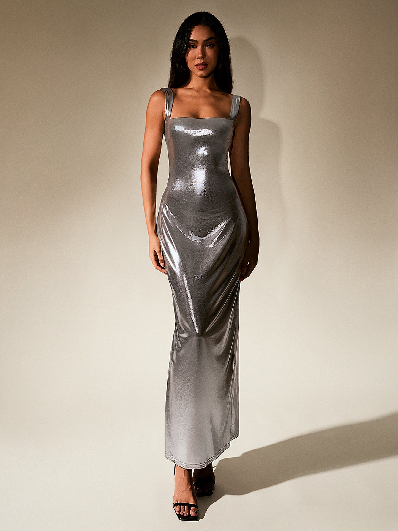 Cut Out Misty Gold Metallic Bodycon Maxi Dress Parthea Fashion