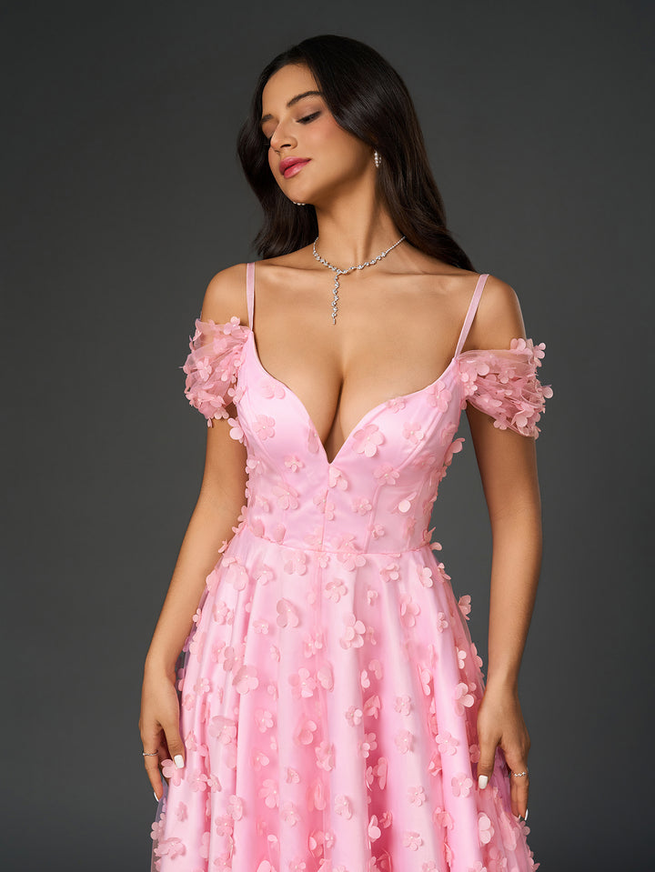 floral applique decoration crisscross back deep v-neck prom dress#color_pink